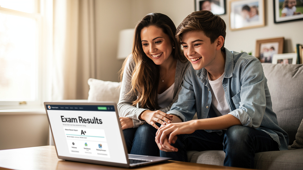 Happy family learning together with a laptop