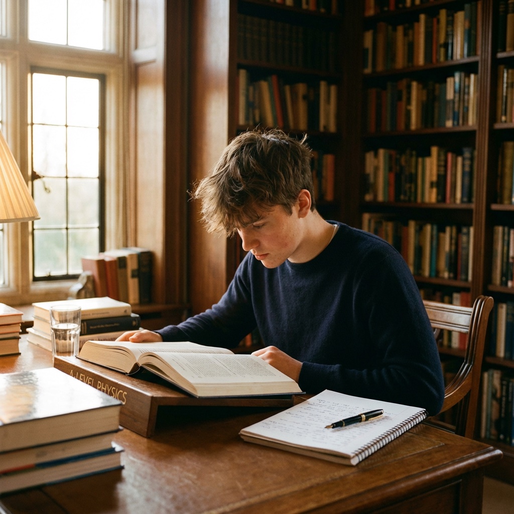 An A-Level pupil studying physics in a sunlit home library
