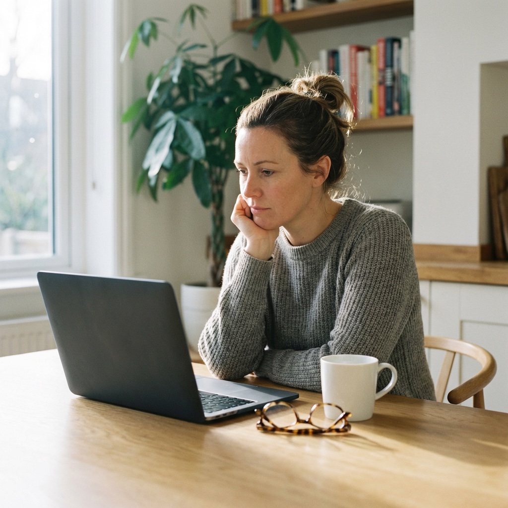 A parent at a kitchen table considering an enquiry on her laptop