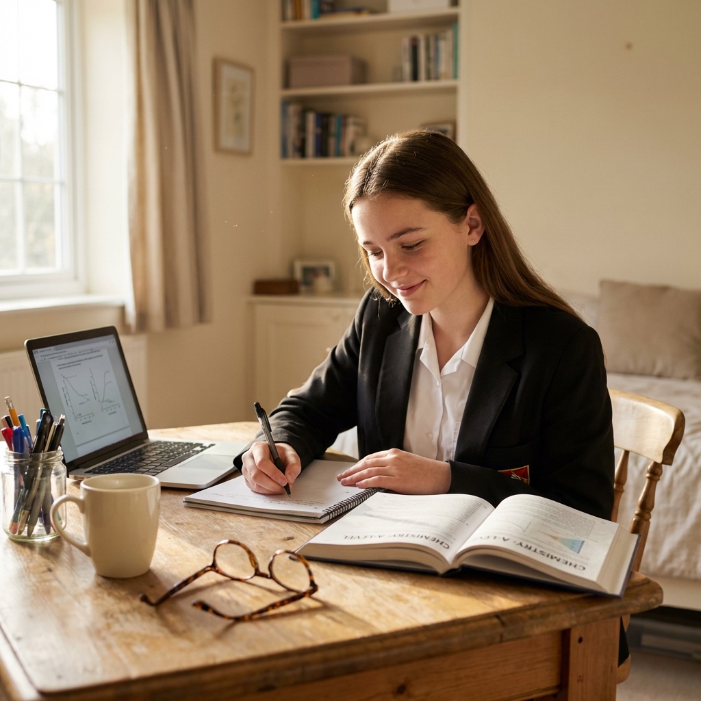 A Year 10 IGCSE pupil taking notes during her morning chemistry session